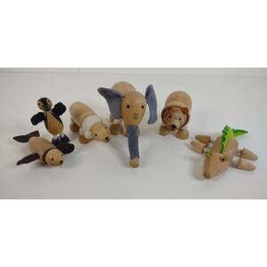 Anamalz Eco Natural Wooden Posable Animal Toys Lot Of 6 Elephant Crocodile
